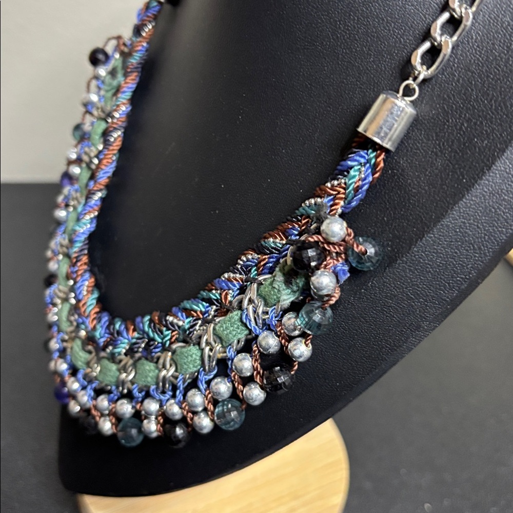 Braided Beaded Boho Collar Statement Silver Tone … - image 3